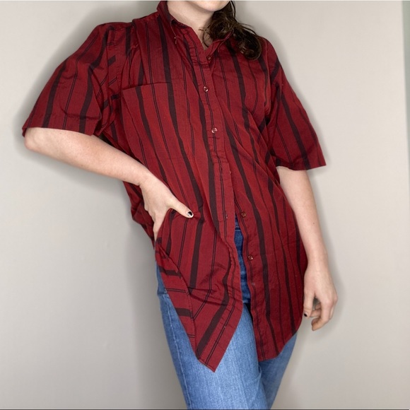 Vintage ‘Puritan’ Mens Short Sleeve Button Up Dark Red and Black Stripe Shirt - Picture 9 of 9
